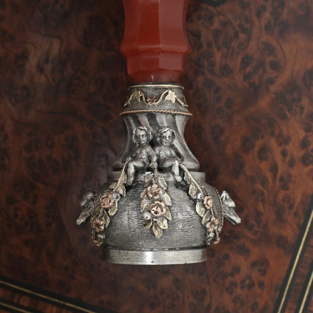 Mid 19th Century Antique Wax Seal Desk Stamp Solid Agate Handle Gold Sterling Silver Matrix, Dogs & Putti For Sale - Image 5 of 10