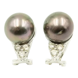 Grey Pearl and Diamond White Gold Earrings - 2 Pieces