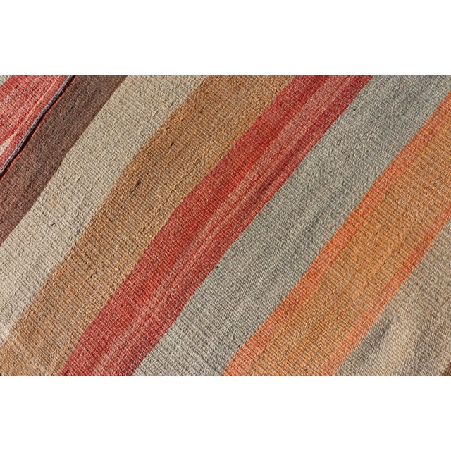 Vintage Turkish Kilim Runner With Coral, Tan and Soft Blue Stripes For Sale - Image 11 of 11