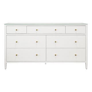 Matthew Izzo Home Carnegie Textured White Linen Seven Drawer Chest With Brass Knobs For Sale