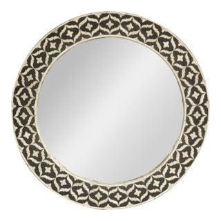 Bone Inlay Black and White Round Mirror with Floral Motifs For Sale