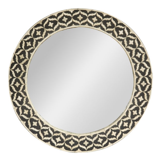 Bone Inlay Black and White Round Mirror with Floral Motifs For Sale