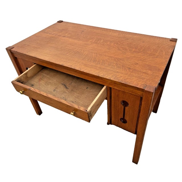 Antique Mission Arts and Crafts Library Desk, Drawer, Tiger Oak, Side Shelves For Sale - Image 4 of 12