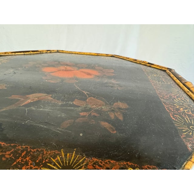 Brown Antique English Bamboo Lacquered Octagonal Table | Aesthetic Movement Chinoiserie | Japanned Top, 28in Tall For Sale - Image 8 of 17