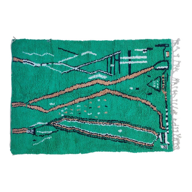 Handmade Moroccan Beni Ourain Rug, Emerald Green Abstract, 9'7" X 6'9" For Sale