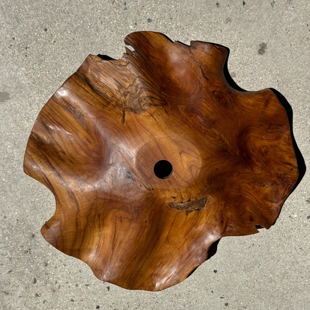 Brown Large Flat Wavy Leaf-Shaped Teak Pendant Light with Floral Design For Sale - Image 8 of 12