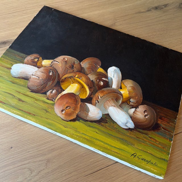 Still Life Oil Painting of Mushrooms by Italian Artist Angelo Garofalo For Sale - Image 12 of 12