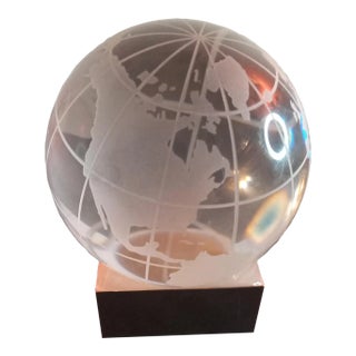 1980s Etched World Map Crystal Clear Glass Paperweight Decor on Pedestal For Sale