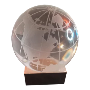 1980s Etched World Map Crystal Clear Glass Paperweight Decor on Pedestal