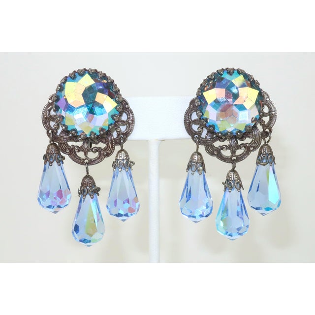 Art Deco Vendome Blue Crystal Aurora Borealis Chandelier Earrings, a Pair For Sale - Image 3 of 9