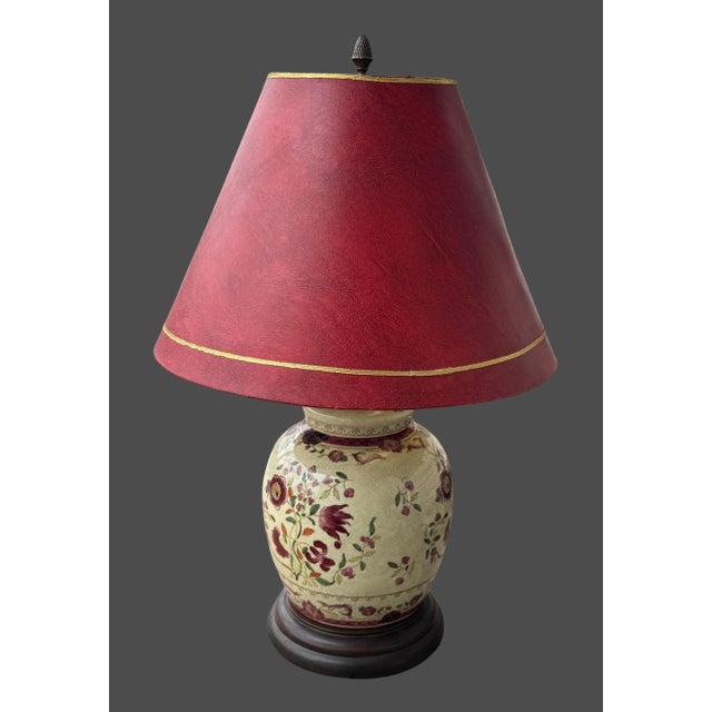 Vintage floral ginger jar table lamp with leather lamp shade. Small size vase with crackled glaze, hand painted and...