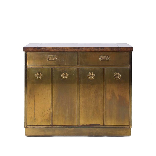 Mastercraft Mid Century Brass and Burled Elm Dry Bar Server This dry bar measures: 40 wide x 19.25 deep x 33 high, when...