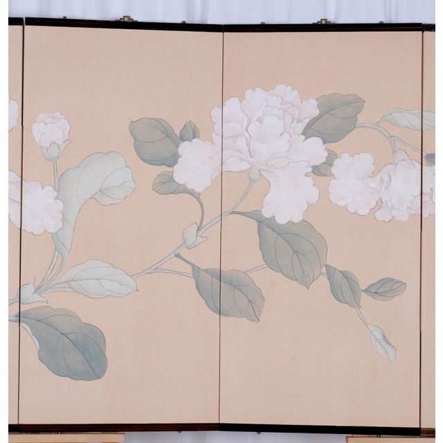 1970s Mid to Late 20th Century Hong Kong Made Byobu "Soft White Branch With Flowers" 4-Panel Folding Screen in Very Good + Overall Condition For Sale - Image 5 of 8