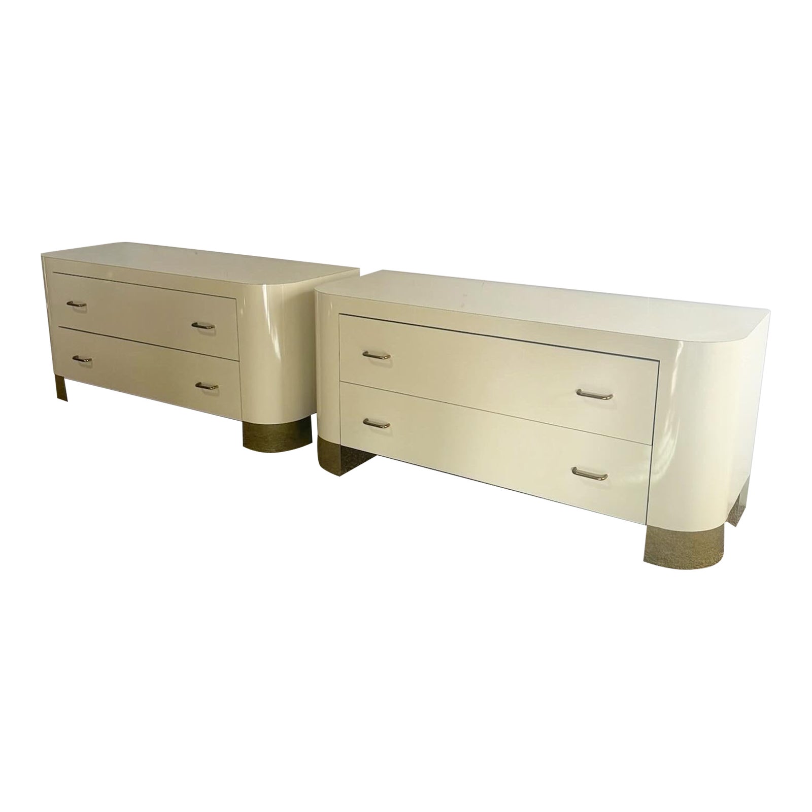 Postmodern Oversized Cream Lacquer Laminate Nightstands With Gold