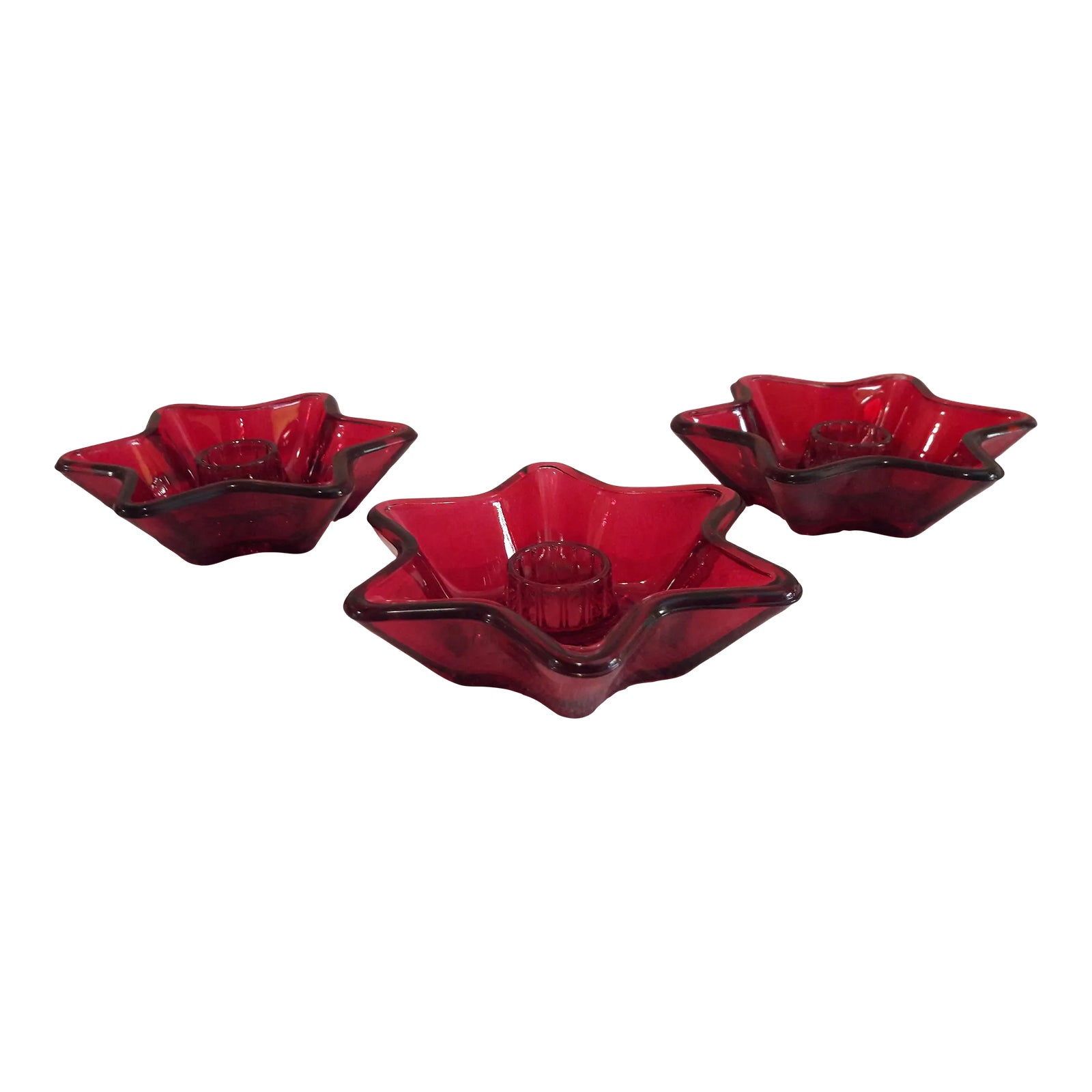 Vintage Star Design Red Ruby Candle Holders- Set of 3 | Chairish
