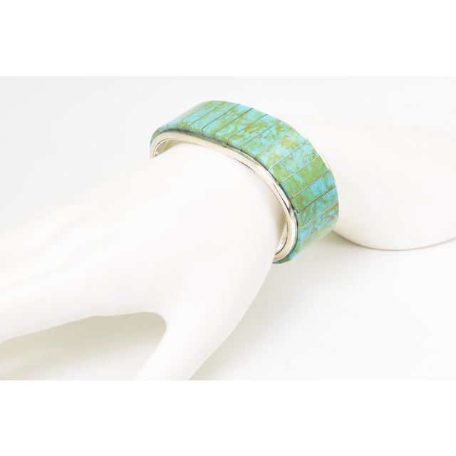 Turquoise Vintage Teme Southwestern Turquoise Channel Inlay Sterling Silver Cuff for a Man or Large Woman's Wrist For Sale - Image 8 of 11