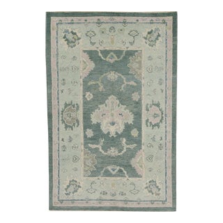 Early 21st Century Green & Pink Floral Design Handwoven Wool Turkish Oushak Rug 3'10" X 5'7" For Sale
