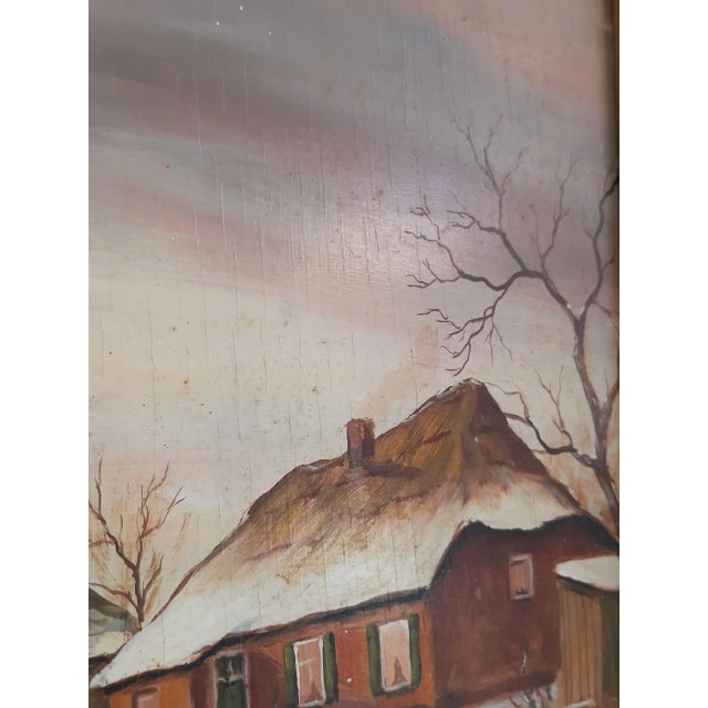 Mid 20th Century Winter Snow Scene Oil on Board Ice Skaters For Sale - Image 5 of 7