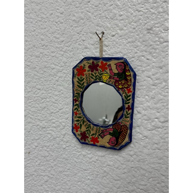 Paper Mithila Folk Hand-Painted Art Wall Small Mirror For Sale - Image 7 of 12