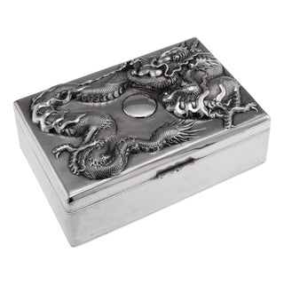 Antique Japanese Meiji Silver Dragon Cigar Humidor Box, 1900 For Sale