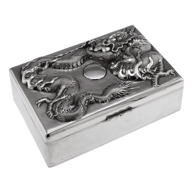 Antique Japanese Meiji Silver Dragon Cigar Humidor Box, 1900 For Sale