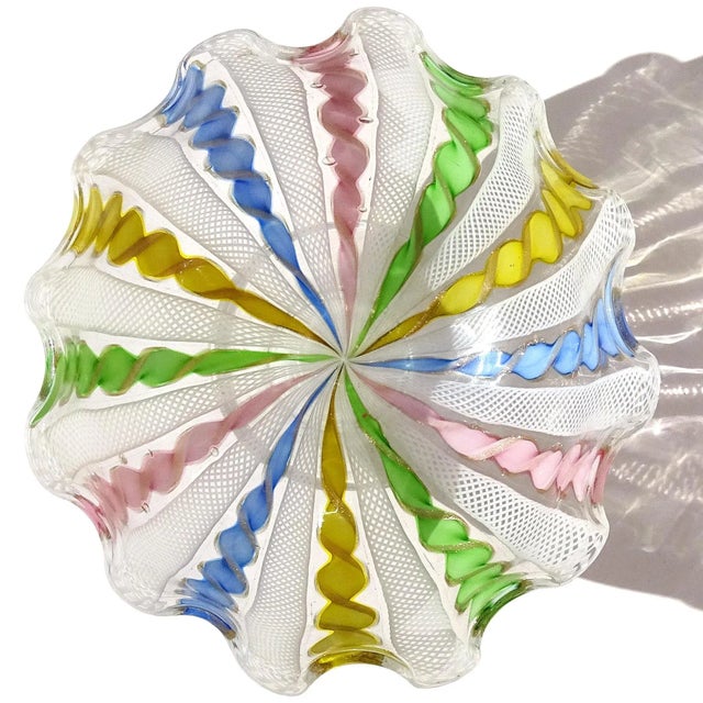 Mid-Century Modern Vintage Murano White Pink Yellow Blue Ribbons Italian Art Glass Ruffled Rim Applied Foot Bowl Dish For Sale - Image 3 of 6