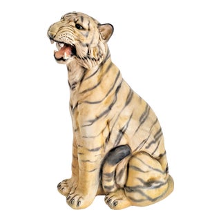 Large French Ceramic Plaster Tiger Sculpture - Leopard Cheetah Big Cat Safari Style - Hand Painting by Artist Jules Bernard France 1977 For Sale
