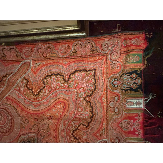 Antique 19th Century Indian Kashmir Paisley Shawl 68” Square Woven Textile Wall Hanging [Tv] For Sale - Image 4 of 9