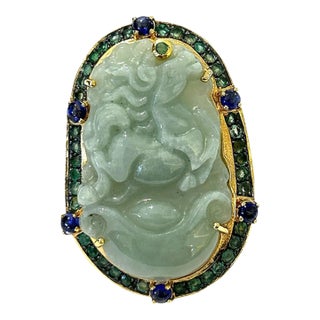 Bochic “Orient” Vintage Jade, Sapphire, Emerald Cocktail Ring Set in 18k Gold & Silver Size 9.5 For Sale