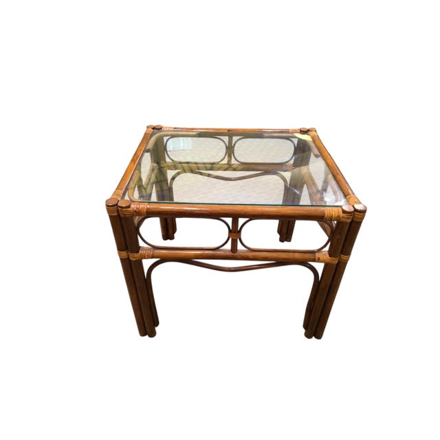Mid-Century Modern Bamboo Rattan 3 Piece Table Set For Sale - Image 3 of 6
