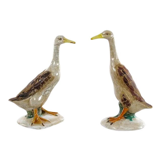 Large Pair English Glazed Porcelain / Terracotta Duck Statues For Sale