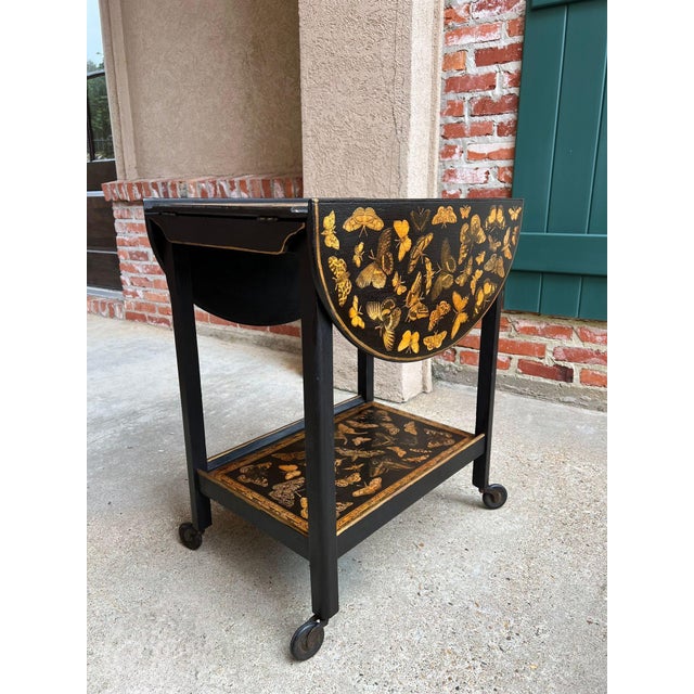 Vintage English Bar Cart Trolley Drop Leaf Chinoiserie Butterfly Lacquer Table For Sale - Image 4 of 18