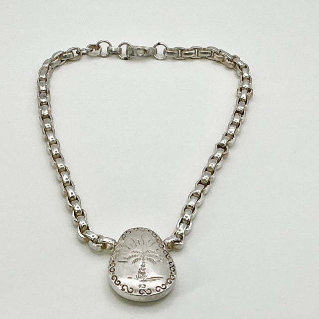 1980s Vintage Southwestern Navajo Americana Carico Lake Sterling & Green Turquoise Pendant Necklace For Sale - Image 12 of 14