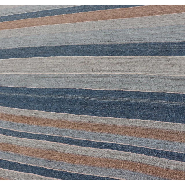 Textile Striped Kilim Blue and Brown Hand Woven Wool by Keivan Woven Arts 9'3 X 12'0 For Sale - Image 7 of 13