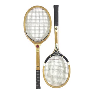 Curated Set of Black and White Vintage Tennis Rackets for Designer Decorating Wood Racquet Set of Two For Sale