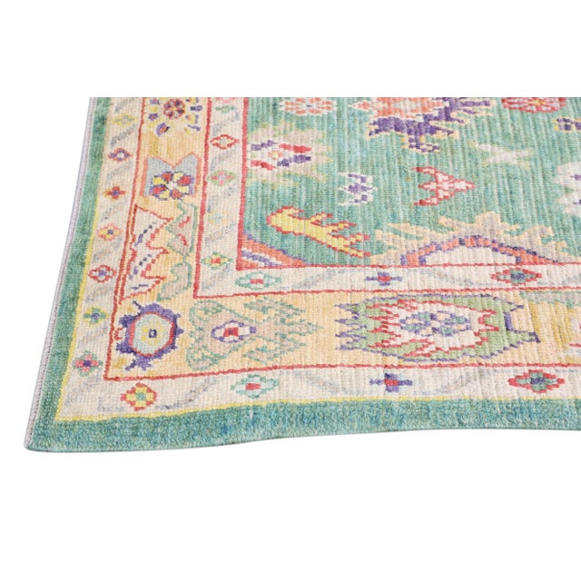 Early 21st Century Green Multicolor Handwoven Wool Turkish Oushak Rug 5'5' X 7'7" For Sale In Houston - Image 6 of 9