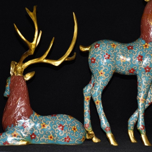 Mid 20th Century Pair of Vintage Cloisonne Enamel Deer Figures – Gilt Spotted Deer Sculptures For Sale - Image 5 of 9