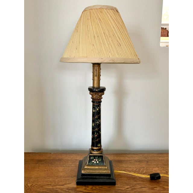Black Mid 20th Century Black and Gold Neoclassical Style Column Lamp With Painted Florals For Sale - Image 8 of 12