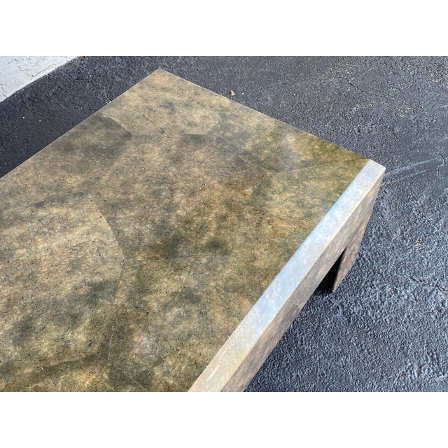 Taupe 1980’s Large Rectangular Lacquered Parchment Parsons Style Beveled Coffee Table For Sale - Image 8 of 12