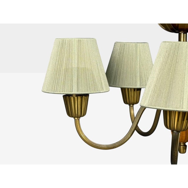 Asea, Swedish Modern, Chandelier, Brass, Elm, Fabric, Sweden, 1947 For Sale - Image 10 of 14
