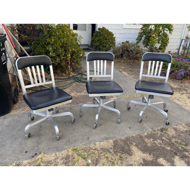 Emeco 1022 Aluminum Leather Navy Semi Upholstered Swivel Chairs Set of 3 For Sale - Image 18 of 18