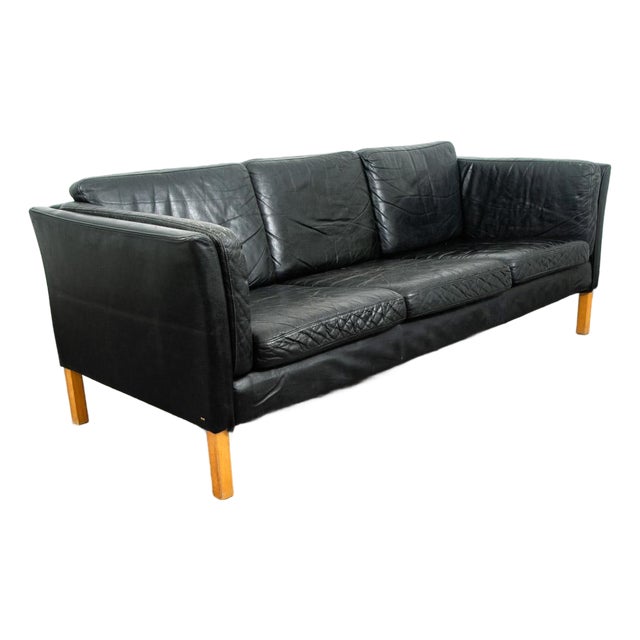 Mid Century Danish Modern Sofa Couch 3 Seater Leather Black Vintage Denmark MCM For Sale
