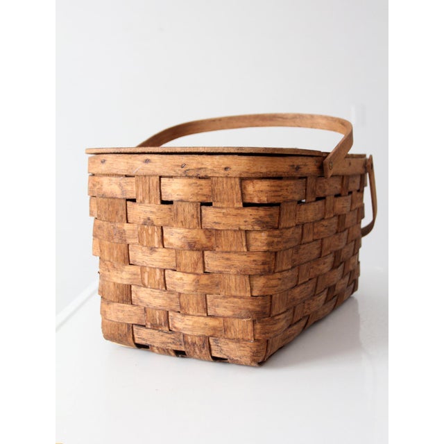Vintage Splint Wood Picnic Basket For Sale - Image 6 of 16