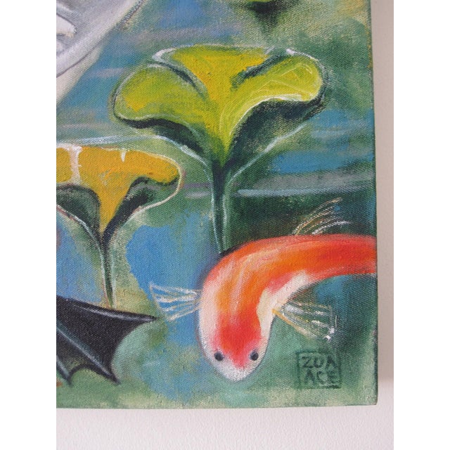 Early 21st Century Lagoon by Zoa Ace | Oil on canvas Swans, fish, and plants in a colorful lagoon setting. For Sale - Image 5 of 5