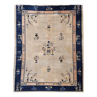 Antique Chinese Peking Rug, Hand-Knotted Wool Pile, Pale Tan & Blue, 9' x 12' For Sale