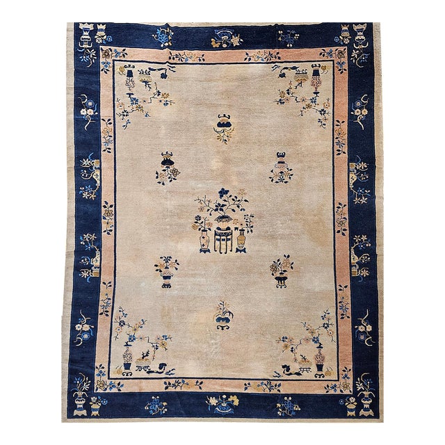 Antique Chinese Peking Rug, Hand-Knotted Wool Pile, Pale Tan & Blue, 9' x 12' For Sale