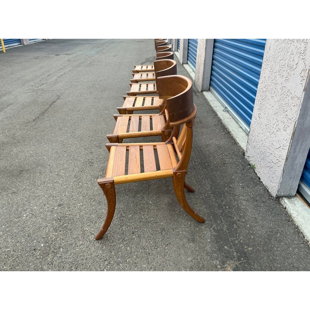 Set of 6 Teak Klismos patio chairs. The chairs are made of solid Peruvian Teak. Finished and ready to enjoy. Set is well...
