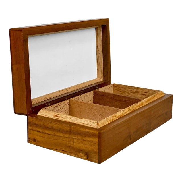 Vintage Traditional Teak Storage Dresser Box W/ Milk Glass Interior For Sale