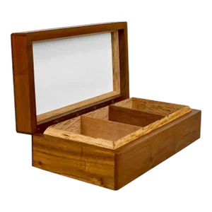 Vintage Traditional Teak Storage Dresser Box W/ Milk Glass Interior