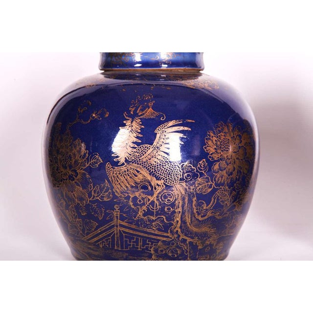 Late-18th Century Chinese Blue-Glazed & Gilt Porcelain Ginger Jars, Set of 3 For Sale - Image 3 of 8